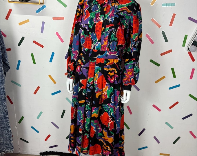 1980s true vintage long sleeve abstract floral Liberty dress with pockets - Size 12-16