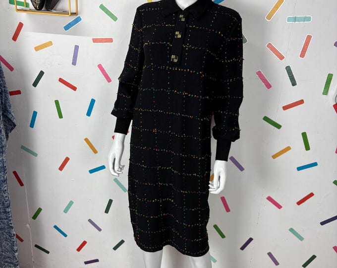 1980s True vintage black geo long sleeve midi dress  - size 16/18