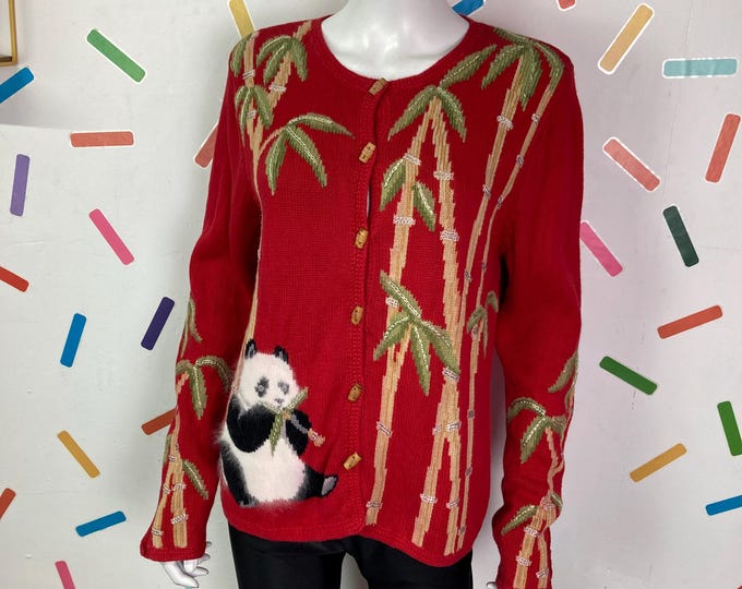 80s true vintage bright red panda design knitted cardigan size 12/14