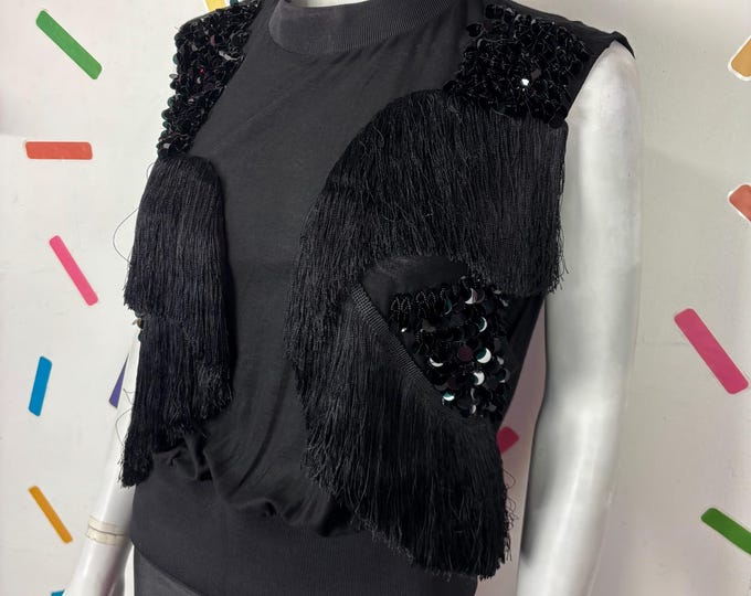 1980s true vintage black sequin / tassel open side top size 12