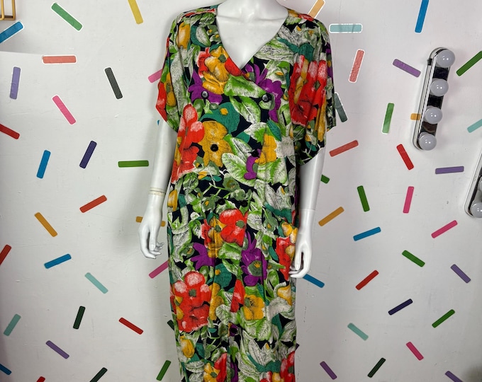 1980s true vintage floral slouch design dress orange / green size 16/18