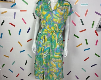 Vestido de verão de manga curta com estampa abstrata em tons pastel, tamanho 14/16, estilo vintage autêntico.