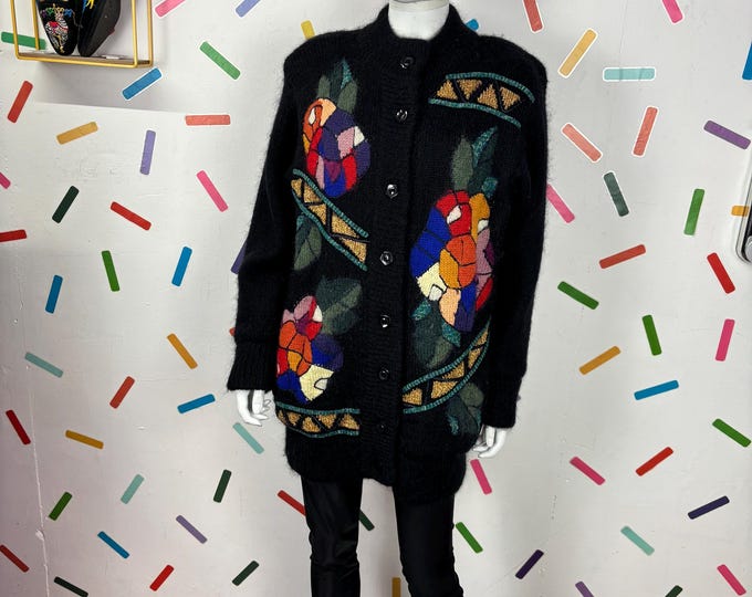 1980s true vintage stain glass design cardigan with gold detailing - size up to 14/16