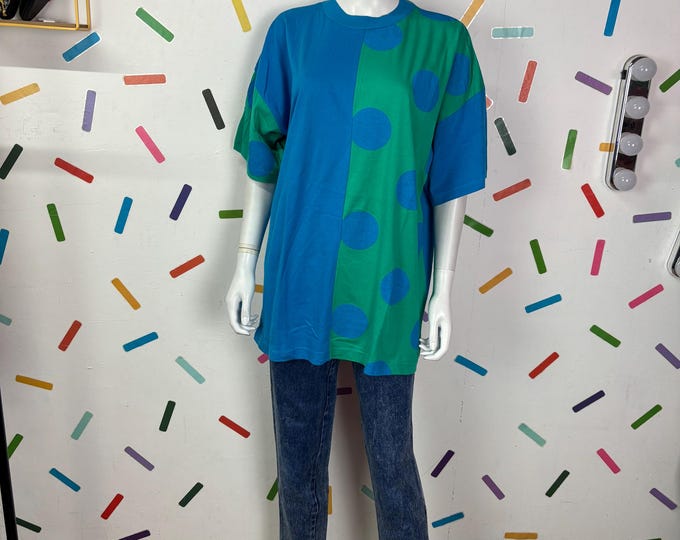 1980s true vintage green /blue spot design clock house t shirt size 16/18