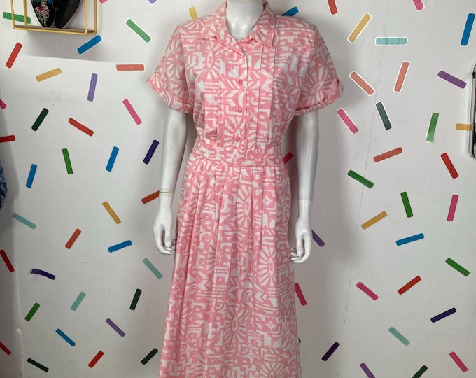 1980s true vintage geo design pink / white  midi dress Size 12-16
