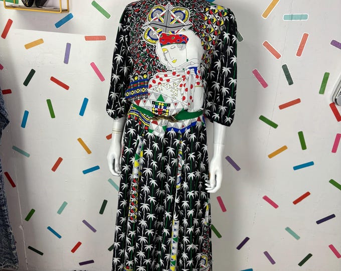 1980s true vintage lady face design midi dress size 12/14