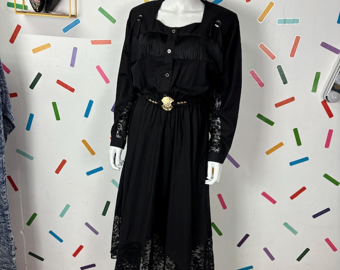 1980s True Vintage black western tassel batwing midi dress - size 14/16