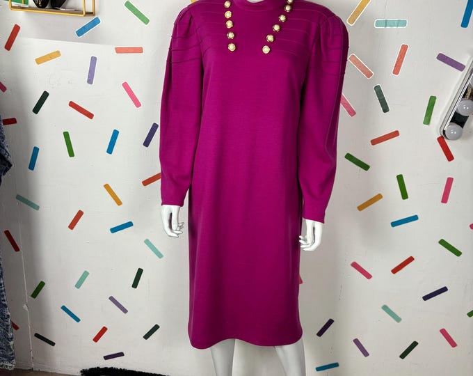 1980s true vintage bright pink midi dress with gold button detail  size 12/14