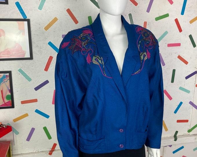 1980s true vintage embellished shoulder design blue batwing jacket size up to 18
