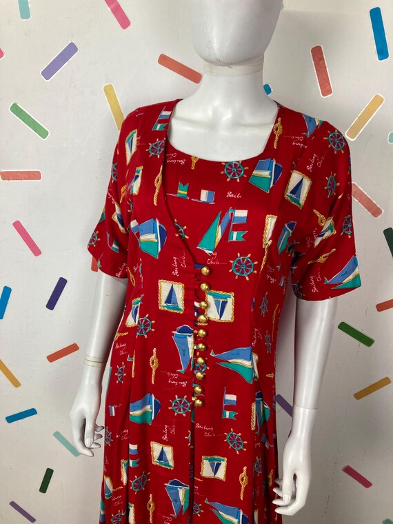 1990s Nautical Design Tie Back Bright Red Dress Size 14/16