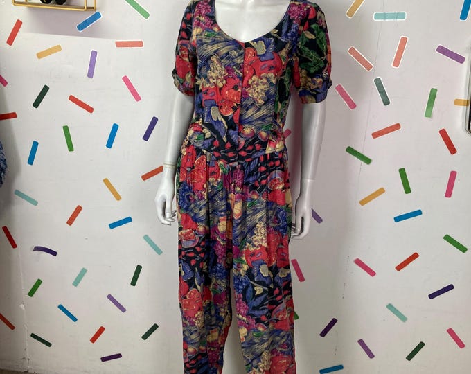 True vintage blue / red fruit design jumpsuit size 12