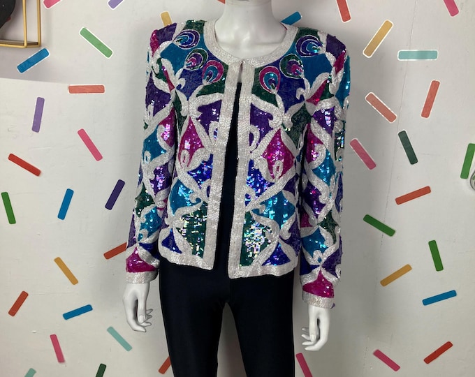 1980s peacock white / blue / pink design sequin jacket Size 12/14