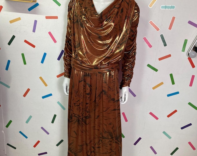 1980s true vintage gold / bronze metallic cowl neck maxi dress size 12