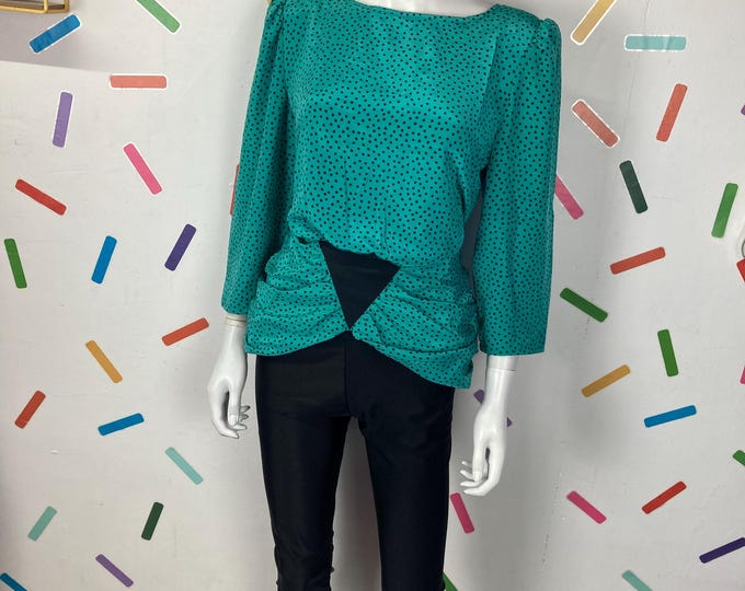 1980s true vintage teal / black spot peplum top size 12/14