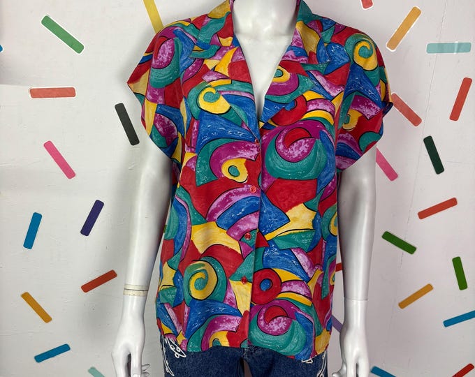 1980s true vintage geo design rainbow colour  short sleeve top Size 12