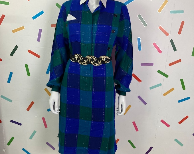 SALE - 1980s vintage blue and green check design long sleeve midi dress with silver thread pockets - Size 12/14