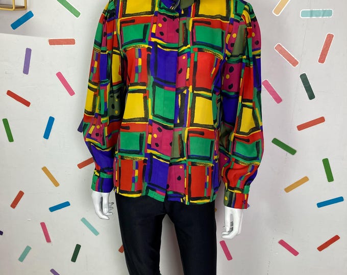 1980s true vintage geo / check design long sleeve blouse size 12/14