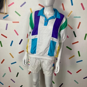 1980s vintage shell suit short sleeve block colour tops size 14/16