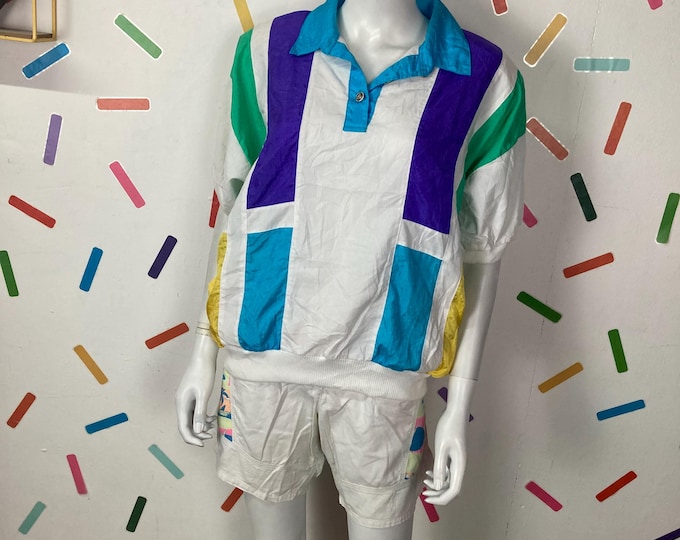 1980s vintage shell suit short sleeve block colour tops size 14/16