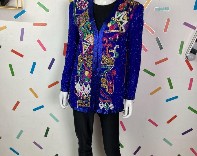 1980s true vintage blue Sequin beaded jacket size 12
