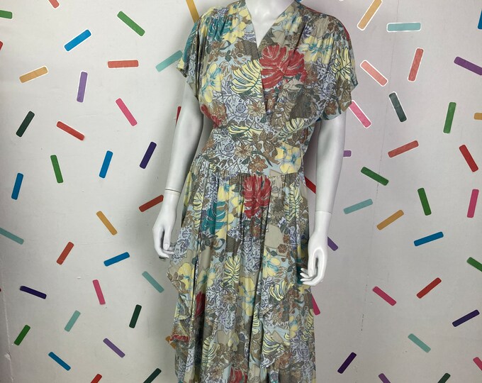 SALE - 1980s true vintage tropical / floral lemon / pastel design midi dress 12/14