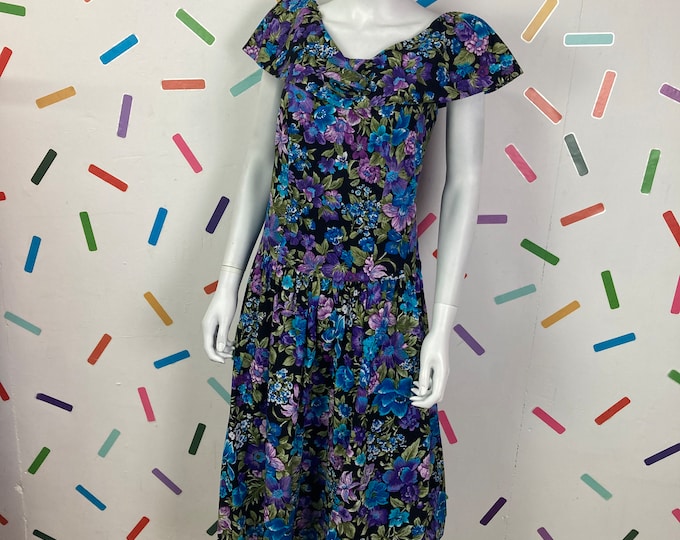 1980s true vintage floral print collar detail midi dress - Size up to 14
