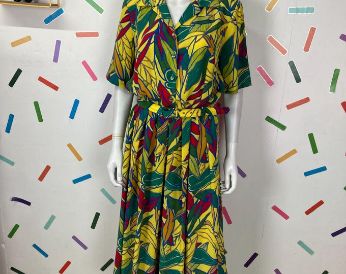 1980s true vintage bright yellow / blue / red midi dress Size 12/14