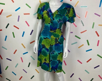 1980s true vintage blue/ green shoulder detail playsuit with pockets Size 12/14