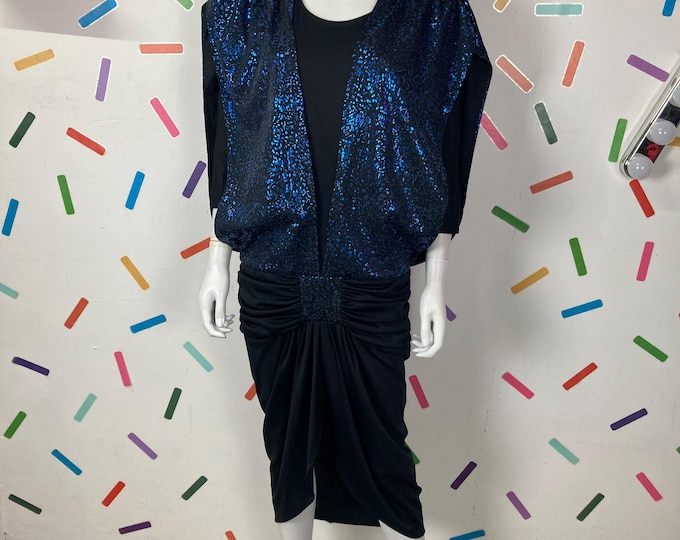 SALE - 1980s true vintage black and blue party midi dress Size up to 12/14