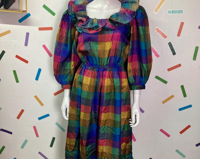 1980s true vintage check frill design midi dress size 12-14