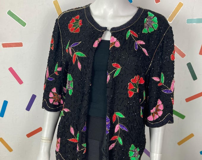 1980s floral design short sleeve sequin jacket pink / green / black Size 14/16