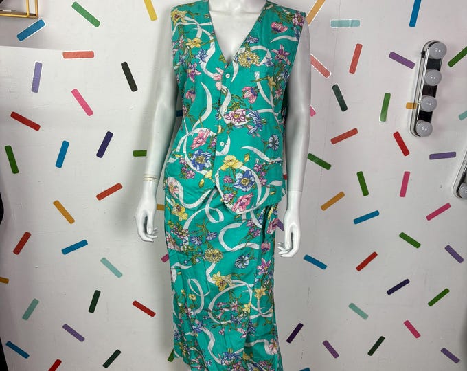 1980s vintage floral 2 piece top and skirt (with pockets) set - size 12 /14