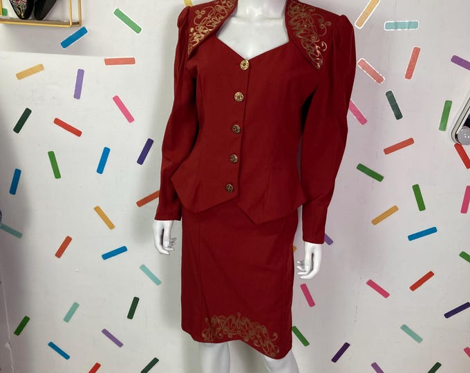 1980s true vintage maroon / gold 2 piece set jacket - skirt size 12