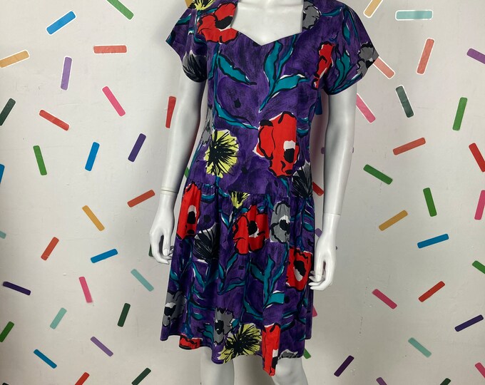 SALE - 1980s true vintage floral design summer dress - blue / red - Size 12