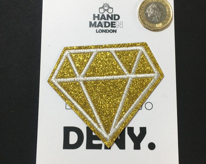 Gold Digger - Gold glitter diamond design hand made iron on clothing patch, pin badge, brooch - medium