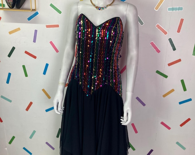 1980s true vintage Sequin sleeveless dress with handkerchief skirt size 10