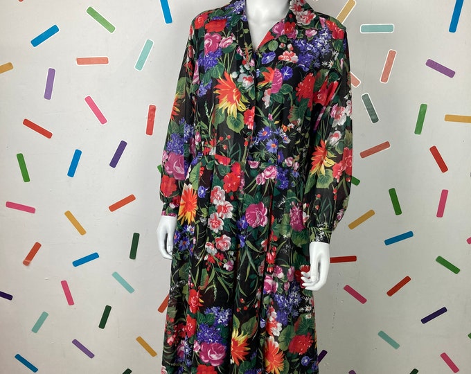 1980s true vintage long sleeve floral collar dress with pockets - Size 12-16