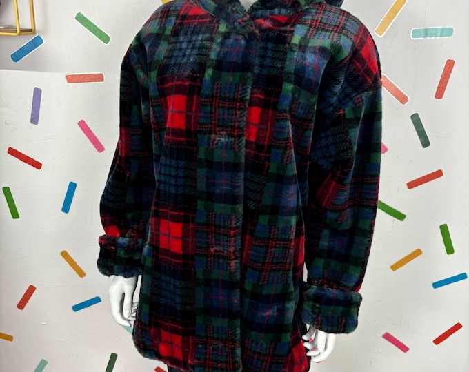 1980s true vintage Donny Brook tartan faux fur coat with waist tie - size 12