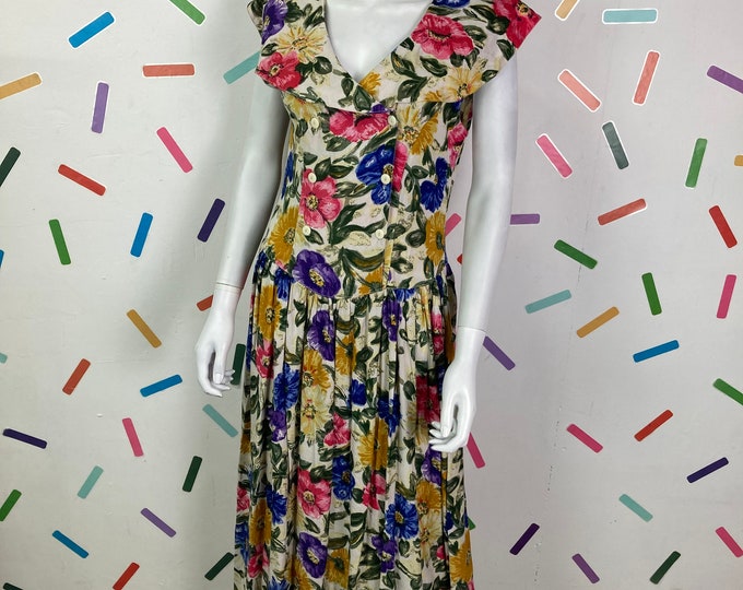 1980s vintage collar double breasted button detail floral dress with pockets size 10/12