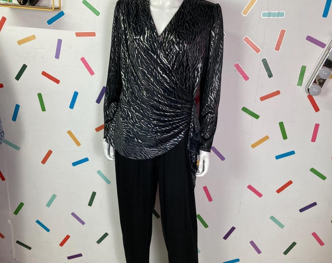 1980s true vintage silver and black peplum wrap front jumpsuit size 12-16
