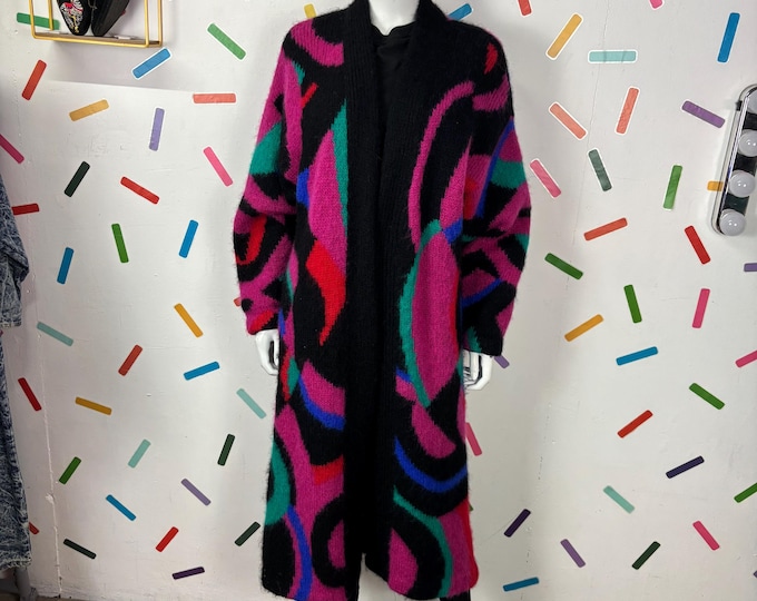 1980s Geometric Block Cardigan / Coatigan – pink / blue / black long line size 14/16