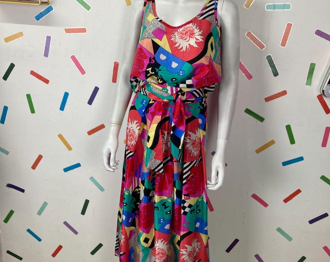 1980s true vintage abstract design silk 2 piece set top skirt - Size up to 12
