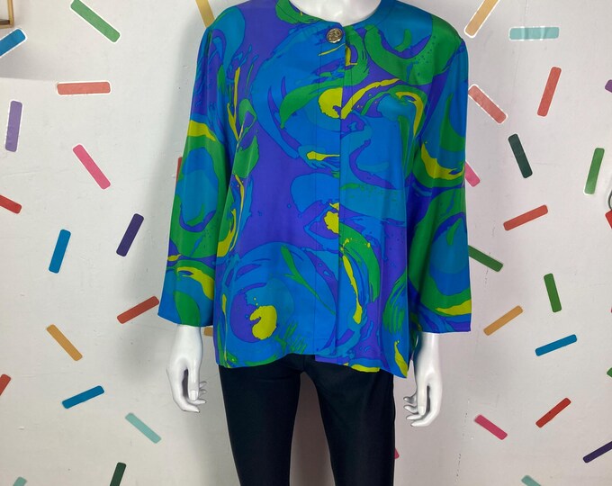 1980s vintage lightweight abstract top / jacket blue / green / yellow size 16/18
