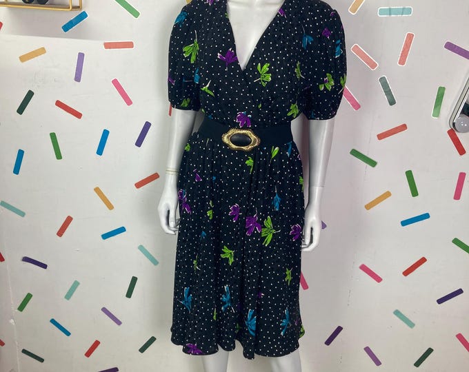Black 80s floral / spot design true vintage midi dress with pockets size 12
