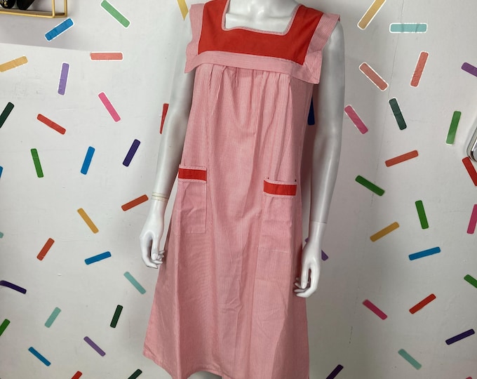 1980s white red stripe collar design midi dress pockets button back Size 8/10