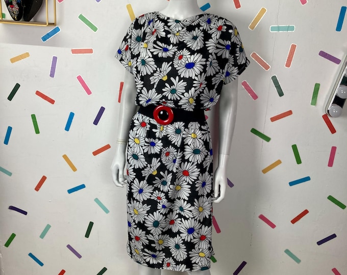 1980s true vintage floral black and white midi dress size 12/14