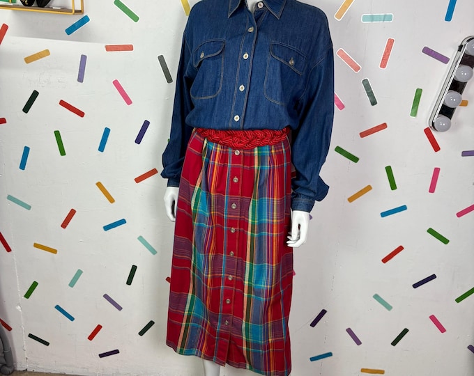 1980s true vintage denim / Tartan skirt midi dress size 14/16