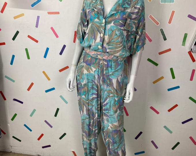 1980s true vintage blue / green floral design jumpsuit Size 16/18