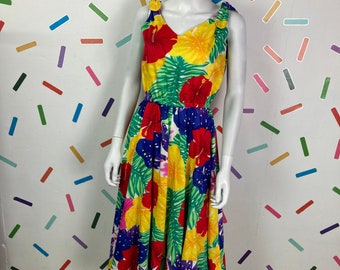 1980s true vintage floral /tropical design midi dress Size 10/12