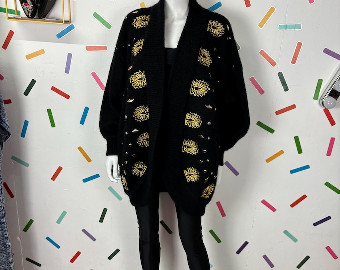 1980s true vintage black / gold  jewel design long line cardigan size 14/16